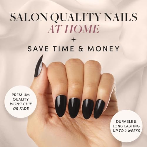 Glamnetic Press-On Nails & Adhesive Nail Tabs - Boba | Opaque Black Short Almond Nails, Reusable | 12 Sizes - 24 Nail Kit with Adhesive Tabs