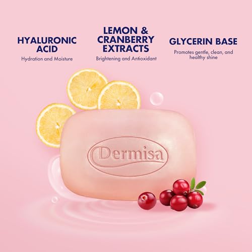 Dermisa Super Plus Brightening Bar Soap with Hyaluronic Acid, Lemon and Cranberry Extract, Maximum Moisture Soap for Even Skin Tone and Elasticity, 3.0 Oz
