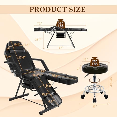 KIIUMI Tattoo Chair Facial Bed Massage Table with Stool