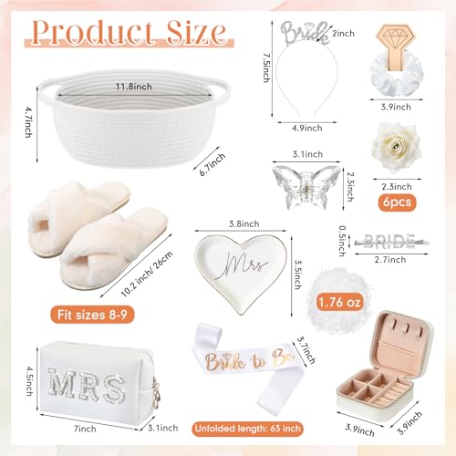 Baderke 17 Pcs Bride to Be Gift Basket for Bridal Shower, Bridal Box with Basket, Makeup Bag, Slippers, Headband, Sash, Mrs Ring Dish, Jewelry Box and More for Wedding Engagement Gift(White)