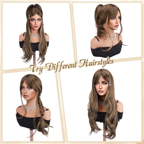 Haloo 26" Blonde Brown Wavy Wig with Bangs - Heat Resistant Synthetic