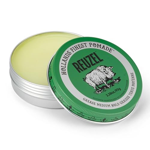 REUZEL Green Grease Pomade, Medium All Day Hold, Oil-Based Styling Wax, Medium Shine, Easy To Wash Out, For All Hair Types