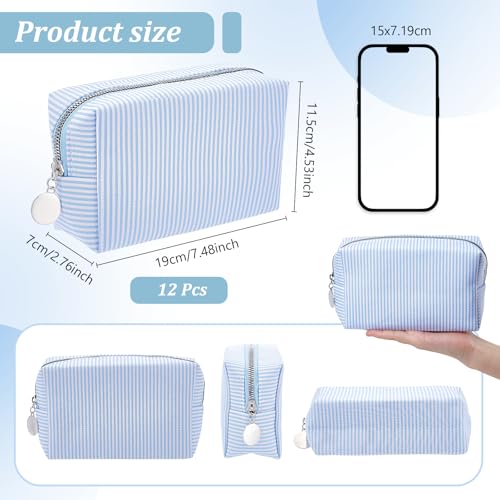 Light Blue 12Pcs Seersucker Makeup Bag Bulk Travel Cosmetic Organizer for Women