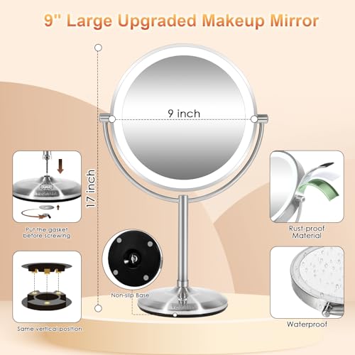 VESAUR 1X15X HD Lighted Makeup Mirror, 9" Large 5000mAh Rechargeable Double Sided Magnifying Mirror with 3 Touch Dimmable Light, 360¡ÆRotation Detachable for Travel Vanity Mirror, Pearl Nickel, Gifts