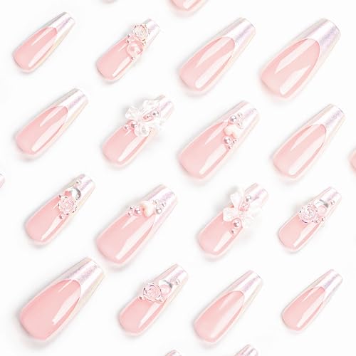 BABALAL Square Press on Nails Long Fake Nails Black Glue on Nails Sliver Glitter French Tip Acrylic Nails Squoval Stick on False Nails 24Pcs Manicure Shiny Nails for Women and Girls