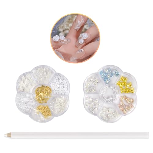 Clear Nail Charms Aurora Nail Jewelry Set, Laser Teddy Bear and Bow Tie Sequins Camellia Flowers and Pearls Charms for Nail Art Decoration Kit, Gold Rhinestones for Nails Design with Dotting Pencil