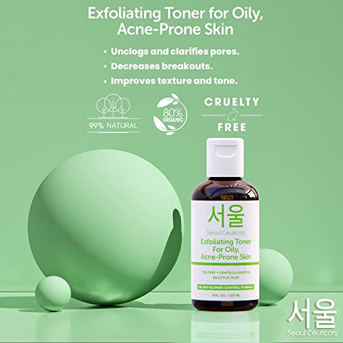 SeoulCeuticals Korean Toner for Oily Acne Prone Skin – Korean Skin Care Tea Tree Toner for Face – Facial Toner Centella Asiatica, Salicylic Acid. 4 FL OZ