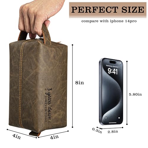 3rd Years Leather Anniversary Present for Him, 3 Years Wedding Gifts for Husband Anniversary, Engraved PU Leather Toiletry Bag and KeyChain