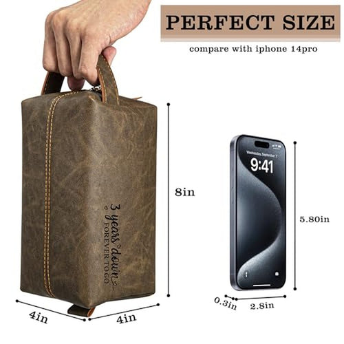 3rd Years Leather Anniversary Present for Him, 3 Years Wedding Gifts for Husband Anniversary, Engraved PU Leather Toiletry Bag and KeyChain