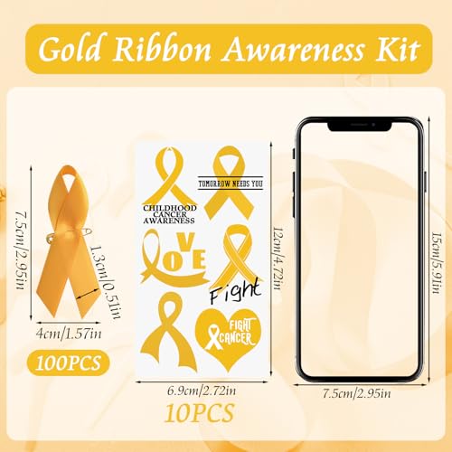 Gold Ribbon Awareness Pins & Tattoos Kit – 100pcs + 10 Sheets