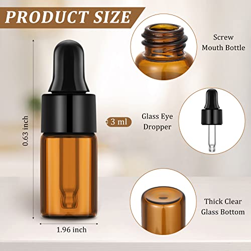 Nuogo 100 Pcs Mini Amber Glass Oil Dropper Bottle Bulk, Clear Essential Small Empty Sample Vial with Dropper and Black Caps Tiny Amber Glass Bottles Perfume Jars for Travel(3 ml)