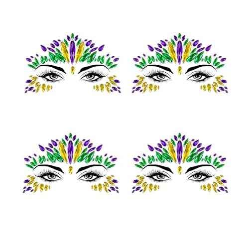 Wehhbtye 4 Set Mardi Gras Face Jewels Stickers, Self-Adhesive Mardi Gras Eye Gems Sticker, Glitter Face Crystals Decoration for Women Party Costume Cosplay Makeup Dress-up Decor
