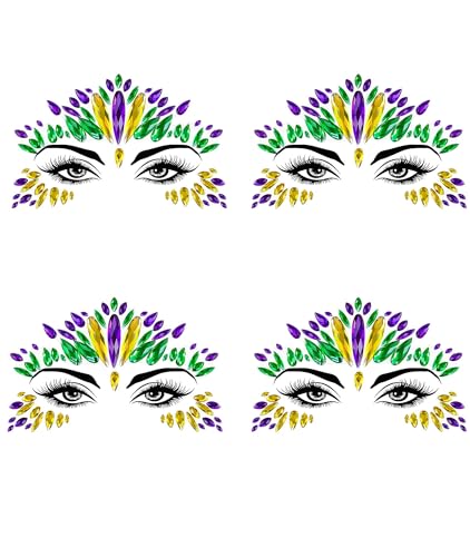 Mardi Gras Face Jewels Stickers - 4 Set Self-Adhesive Glitter Gems