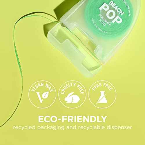 REACH POP Dental Floss, Peppermint, Plaque Remover for Teeth, Shred Resistant, Vegan Wax, Cruelty Free, Eco Friendly Packaging, Oral Care, PFAS Free, for Adults & Kids, 3 Pack, 54.6 yd