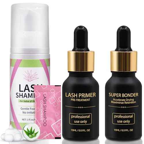 Lash Bonder Primer and Shampoo Kit for Eyelash Extensions, Glue Accelerator Lash Sealant, Pre-treatment Primer Protein Oil Cleanse Remover, Makeup Tools for Professional Use (15ml+15ml+60ml)