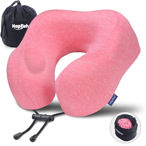 napfun Neck Pillow for Traveling, Upgraded Travel Neck Pillow for Airplane 100% Pure Memory Foam Travel Pillow for Flight Headrest Sleep, Portable Plane Accessories, Rose