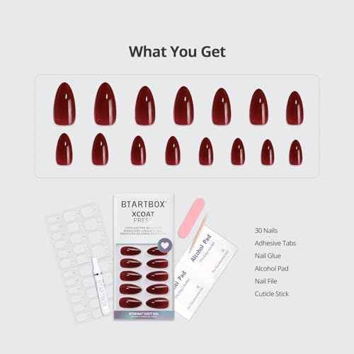 BTArtbox Press On Nails Almond - Lamp-Curable Dark Red Medium Press On Nails with Glue for Women, Semi-Transparent Soft Gel Glue On Nails in 15 Sizes - 30 Stick On Nails Kit, Blackout
