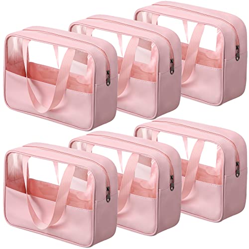 Reginary 6 Pcs Large Clear Makeup Bags, Toiletry Organizer with Zipper and Handle Strap, Portable Cosmetic Bag Waterproof Transparent for Travel Vacation, 11.8 x 8.3 x 3.9 Inch(Pink)