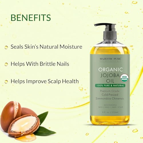 MAJESTIC PURE Organic Jojoba Oil - 100% Pure Cold Pressed Hexane Free for Skin, Hair, Nails - 8 Fl Oz