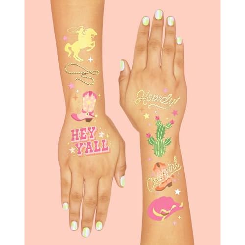 xo, Fetti Cowgirl Temporary Tattoos - 50 Gold Foil Styles | Birthday Party Decorations, Giddy Up Cowgirl Accessory, Rodeo Western Theme Favor, Nashville Gift + Cow Print Supplies, Baby Shower