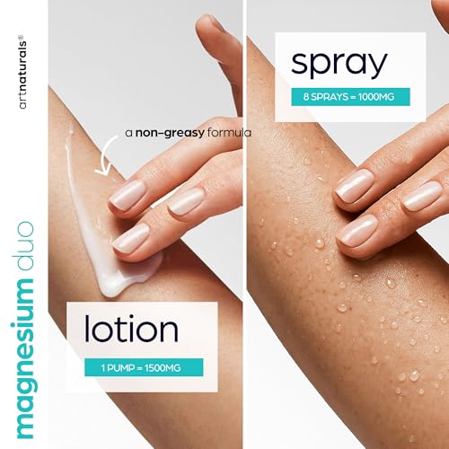 Artnaturals Magnesium Oil Spray 12oz + Body Lotion 8oz Set with Aloe Vera - Pure Topical Magnesium Chloride for Muscle Pain Relief, Sleep Support, Leg Cramps & Relaxation - Fast Absorbing