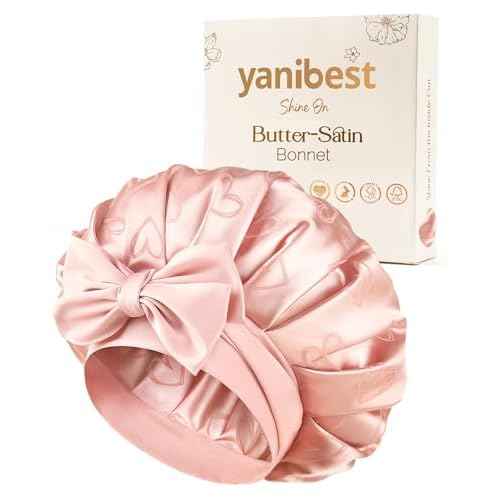 YANIBEST Adjustable Satin Bonnet for Sleeping, Double Layer Silk Bonnet with Tie Band for Women, Sleep Cap Curly Natural Hair, Pink