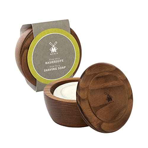 M?HLE Wooden Bowl with Shaving Soap | Aloe Vera | 65 Grams | Shave Soap for Men | Steamed Ash Shaving Bowl | Rich & Light Soap Formula | Nurturing Shave Soap Lather