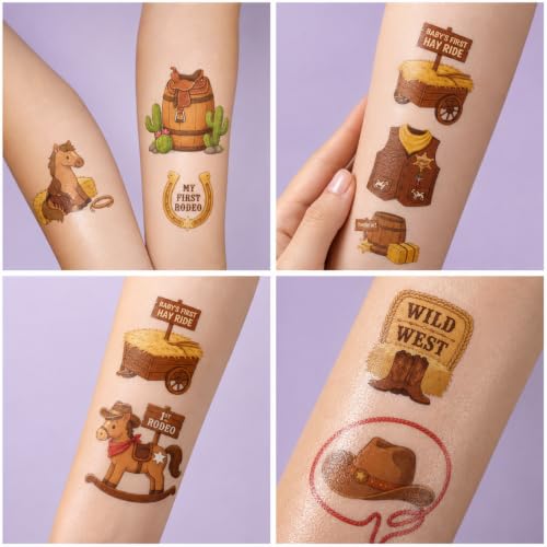 96 PCS Pre-Cut Temporary Tattoos - Western Cowboy Horse Theme for Kids