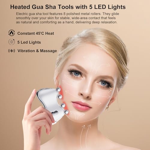 Electric Gua Sha Facial Tools, Heated Gua Sha Tools with 5 LED Lights,Red Light Face Massager Vibration Device, 8 Metal Roller for Face, Back,Leg,and Body