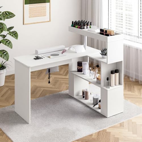 HolaiNail Reversible White Manicure Table with Dust Collector & Storage