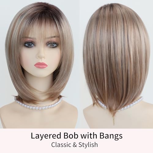Layered Blonde Bob Wig with Bangs for Women - 12 Inch Synthetic Hair