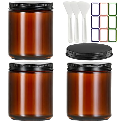 8 oz Amber Glass Jars with Metal Lids - 3 Pack for Candle & Lotion