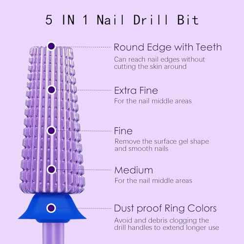 5 in 1 Nail Drill Bit, 3/32'' Professional Carbide Tungsten Drill Bit Nail Tech, Two Way Rotate Cuticle Gel Remover Drill Bit for Manicure Pedicure Acrylic Nail Poshling (Purple, Medium-M)