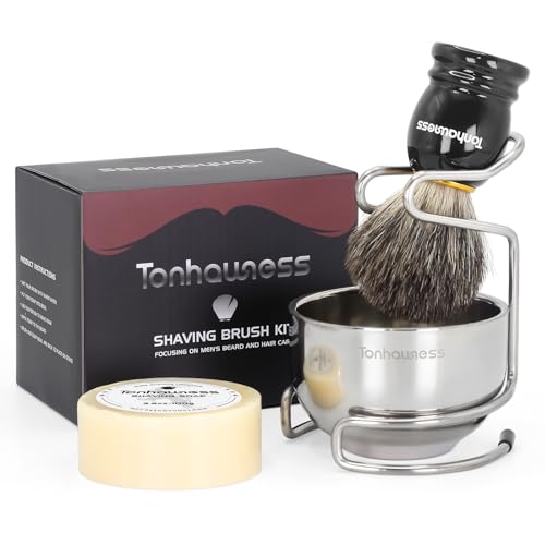 Shaving Brush Kit for Men, 4 in 1 Shaving Brushes Set Includes Badger Hair Shave Brush, Stainless Steel Shaving Bowl&Stand and Goat Milk Flavor Shaving Soap