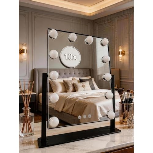 Hollywood Vanity Mirror with Lights, 12 Dimmable LED Bulbs Lighted Makeup Mirror with Detachable 10X Magnification, 1000mAh Rechargeable, 3 Color Lights, Touch Control,Black