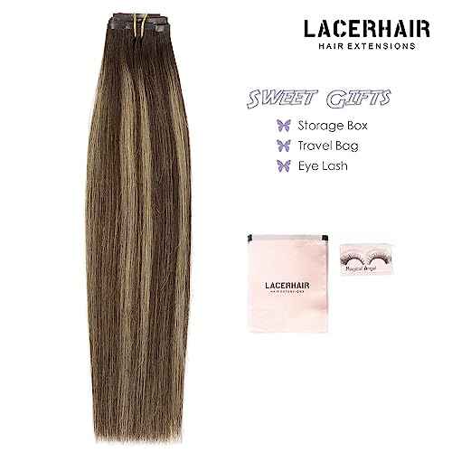 Lacer Hair Remy Hair Seamless Hair Extensions Clip in 18 Inch Balayage Chestnut Brown Mixed Dark Brown 110g 7pcs PU Clip in Hair Extensions Human Hair Thick with PU Weft for Women R#2-2/6