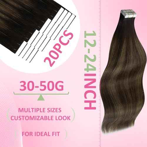 YoungSee Tape in Human Hair Extensions Brown Balayage Tape in Extensions Human Hair Dark Brown Tape-in Hair Extension Ombre Human Hair Tape-in Extension Long Hair 20 Inches 20pcs 50g