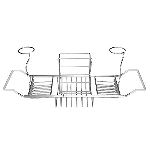 iPEGTOP Stainless Steel Bathtub Caddy Tray - Over Bath Tub Racks Shower Organizer with Extending Sides, Removable Wine Glass Book Holder