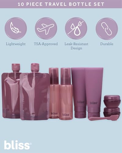 Bliss 10-Piece TSA Approved Leak-Proof Travel Bottles Set - Mauve, Refillable