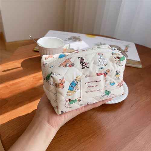 uekeboag Cute Small Quilted Cotton Makeup Pouch for Women and girls,Coquette Quilted Toiletry Bag,Animal Coquette Mini Bag, Kawaii Travel Cosmetic Bags(05Puppy)