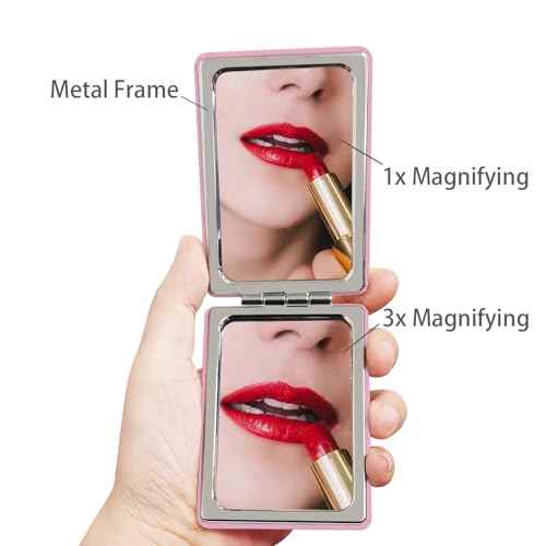 Small Compact Mirror for Purse, 2 Pcs Rectangle 2.4¡±¡¿3.3¡± PU Style Double Sided 1X/3X Light Pink Pocket Mirror for Women (Light Pink)