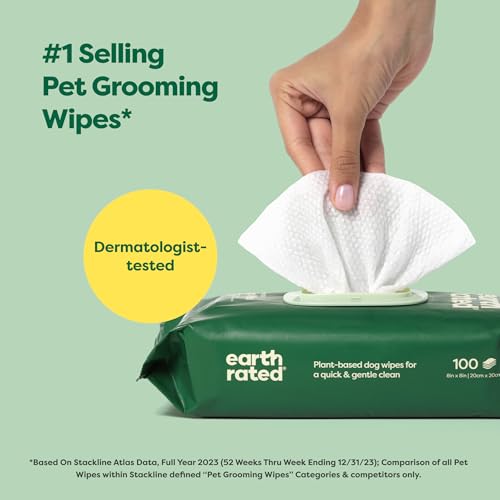 Earth Rated Hypoallergenic Dog Wipes, Cleaning and Odor-Controlling Grooming Wipes for Paws, Body, and Butt, Perfect for Puppy and Adult Dogs, Unscented, 100 Count