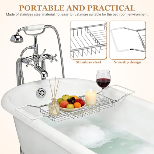 Expandable Stainless Steel Bathtub Caddy Tray with Non-Slip Grips