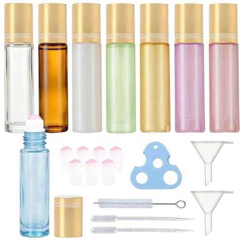 Rose Quartz Roller Bottles 10ml Essential Oils Set - 8 Color-Coded Glass Bottles