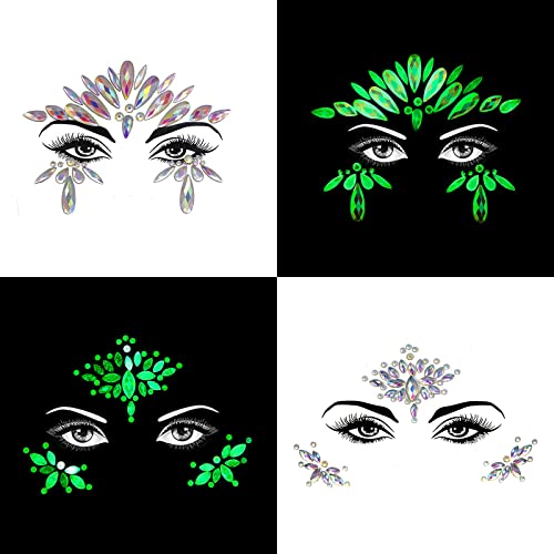 Glows Face Gems Jewels, 4 Pack Noctilucent Stickers Glow in the Dark Tattoo Crystals Body Gems Stick on for Halloween Carnival Festival Party