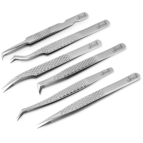 SIVOTE Eyelash Extension Tweezers Fiber Tips Japanese Steel, Set of 6 ? Curved, Dolphin, 90¡Æ 45¡Æ Volume Boot & Slight Curved Tweezer ? Professional Lash Tweezers for Lash Extensions Silver