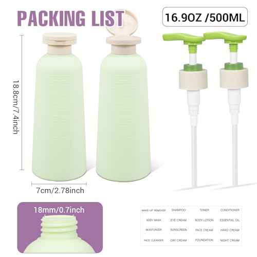 16.9oz Travel Shampoo Bottle with Flip Cap, Refillable Plastic Pump Bottles Dispenser for Soap, Shampoo, Lotions, Liquid Body Wash, Creams and Massage Oil (2Pack, 16.9oz/500ml)