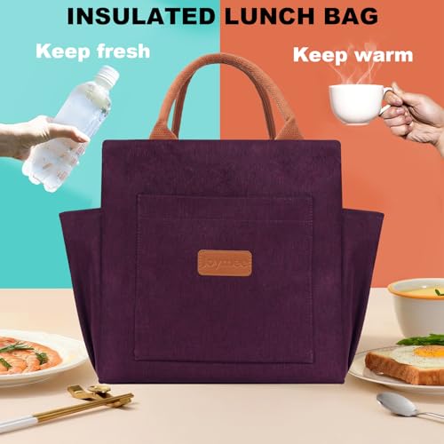 Joymee Lunch Bag Women Insulated Lunch Box Reusable Leakproof Large Spacious Cooler Tote for Women Men Adult with Bottle Holder and Side Pockets for Work Office Travel Picnic - Dark Purple