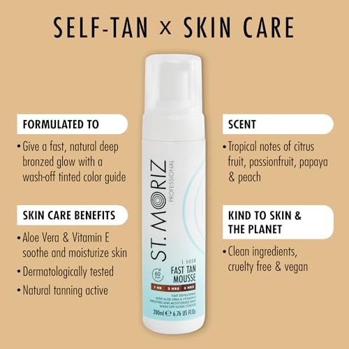 St. Moriz Professional 1 Hour Fast Self Tanner Mousse, Light to Dark with Self Tanning Mitt - Instant, Express Self Tanner Foam for a Golden, Natural Fake Tan ? With Aloe Vera & Vitamin E - 6.76 fl oz