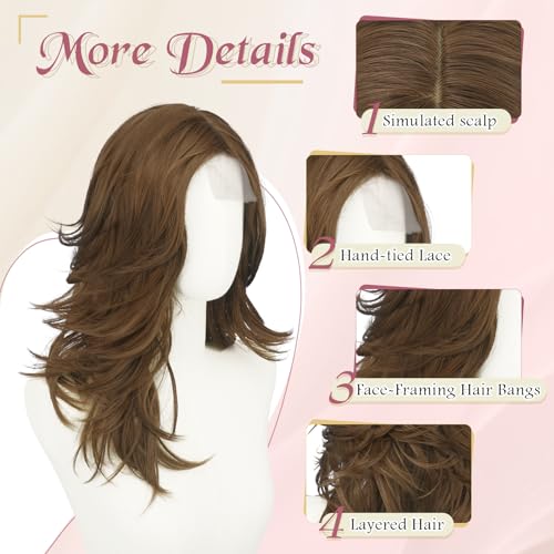 Haloo Brown Layered Wig with Curtain Bangs Lace Front 20 Inch